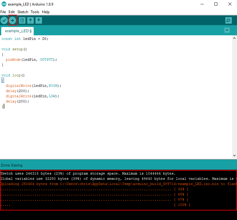 Arduino IDE run LED example